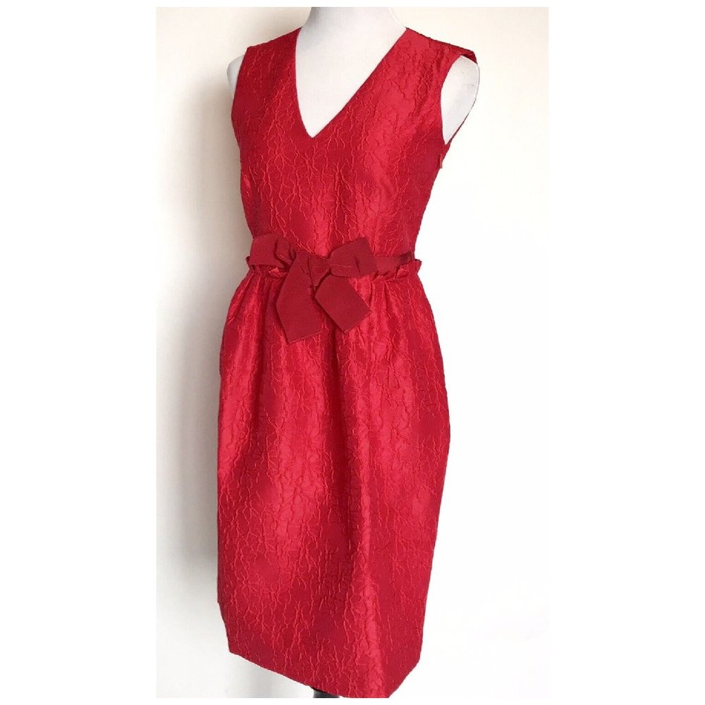 Carolina Herrera Red Bow Sleeveless Cocktail Dress 12 Ribbon Waist Floral Satin - Picture 2 of 14